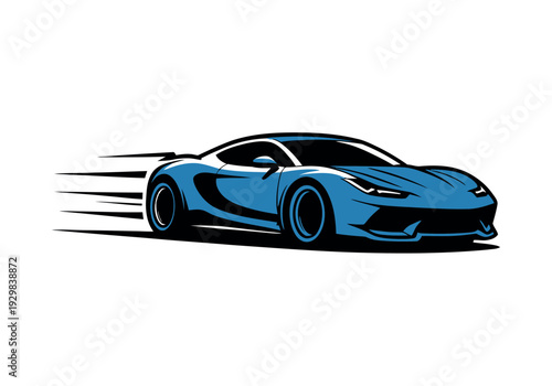 A sleek blue sports car speeding along a white background with motion blur