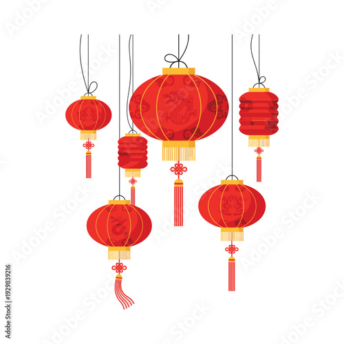 Lunar New Year lanterns displaying dragon patterns and tassels, symbolizing prosperity and good fortune for the holiday