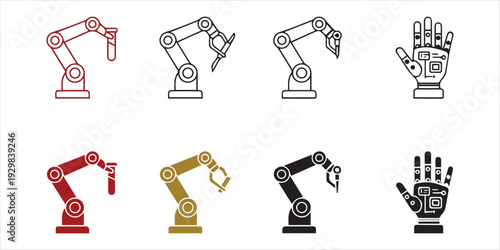Modern Industrial Robotic Arm and Robotic Hand Icon Set  Automation and Industry 4.0 Vector Collection