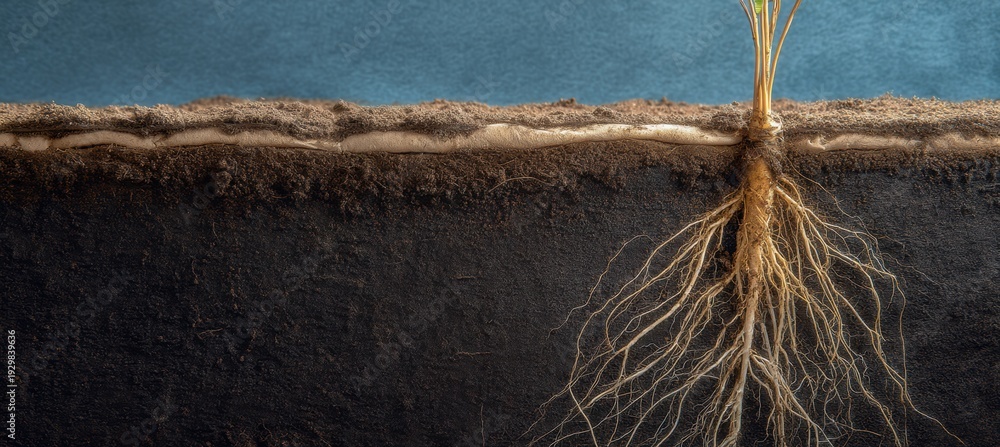 Fototapeta premium Seed and root network in soil cross-section showing AI-like branching structure