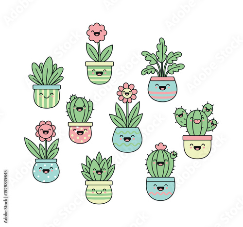 Happy potted plants, cacti, and flowers with kawaii faces and expressions, bringing joy and a sweet aesthetic