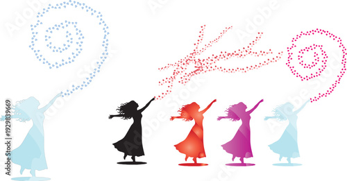 Women figures releasing hearts in spirals and streams