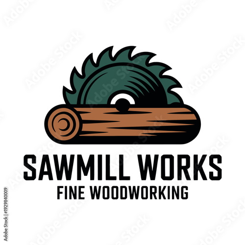 A logo for a woodworking company featuring a saw blade and log