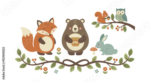 Forest animals gathering in charming cartoon illustration. Fox, bear, rabbit, squirrel, and owl characters in a cute nature scene