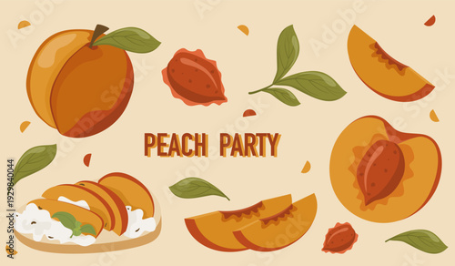 peach composition featuring whole fruit, sliced pieces, half peach with pit, seed, green leaves and peach dessert with cream. Decorative layout with lettering isolated on beige 