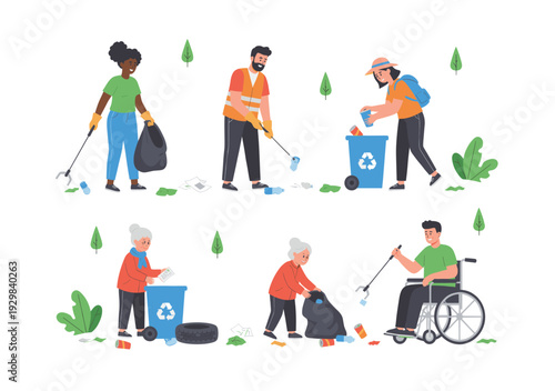 Volunteers of different ages and abilities cleaning up a littered park, picking up trash and sorting waste into a recycling bin