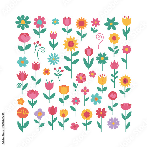 Spring flowers with various shapes and vibrant colors, creating a cheerful botanical design