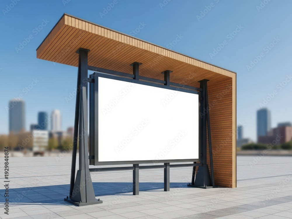 Fototapeta premium Modern bus stop shelter with large blank advertisement display in urban setting