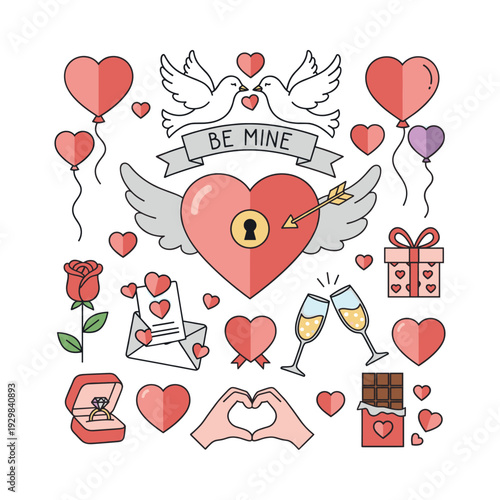 Valentine's Day concept set featuring romantic symbols like hearts, love birds, celebration items, and proposal elements, flat vector illustration