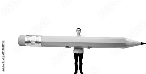 Tiny Man Standing on Pencil Halftone Texture Effect