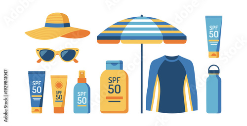 Beach vacation and sun protection essentials featuring a straw hat, sunglasses, striped umbrella, rash guard, water bottle, and SPF 50 sun care products