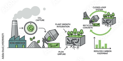 Explaining a complete circular economy process with CO2 capture, plant growth integration, recycled concrete, and reduced carbon footprint