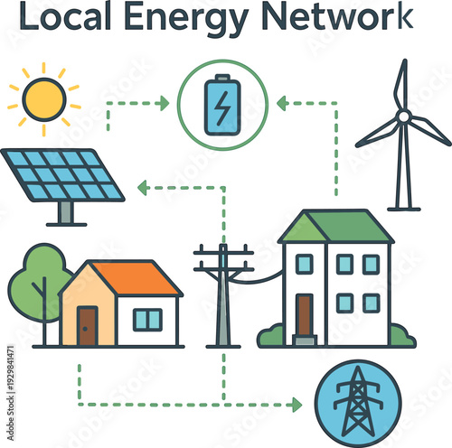 Local Energy Network Diagram Vector – Sustainable Community Power Flow Illustration