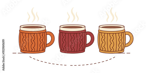 Three steaming mugs featuring unique knitwear patterns, holding hot beverages like coffee or tea, representing comfort
