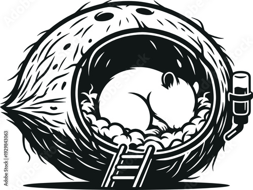 Hamster sleeping in a natural coconut shell pet house