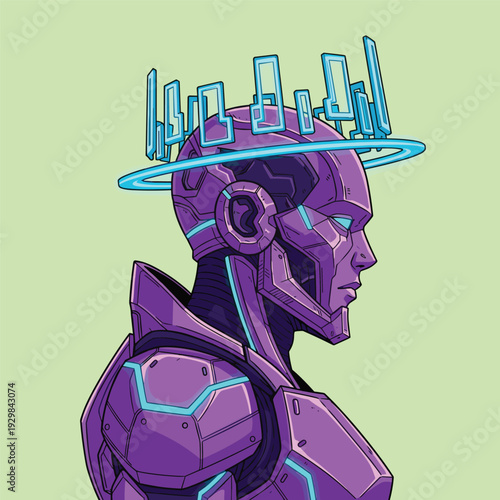 A bold, graphic illustration of robotic armor, perfect for technology marketing or sci-fi themed design projects. The vibrant colors and abstract form