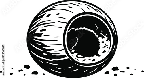 Hamster sleeping in a natural coconut shell pet house