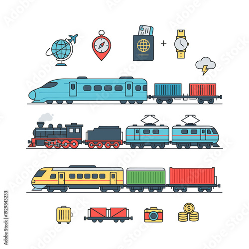 Different types of trains, including passenger, freight, steam, and electric models, along with travel icons