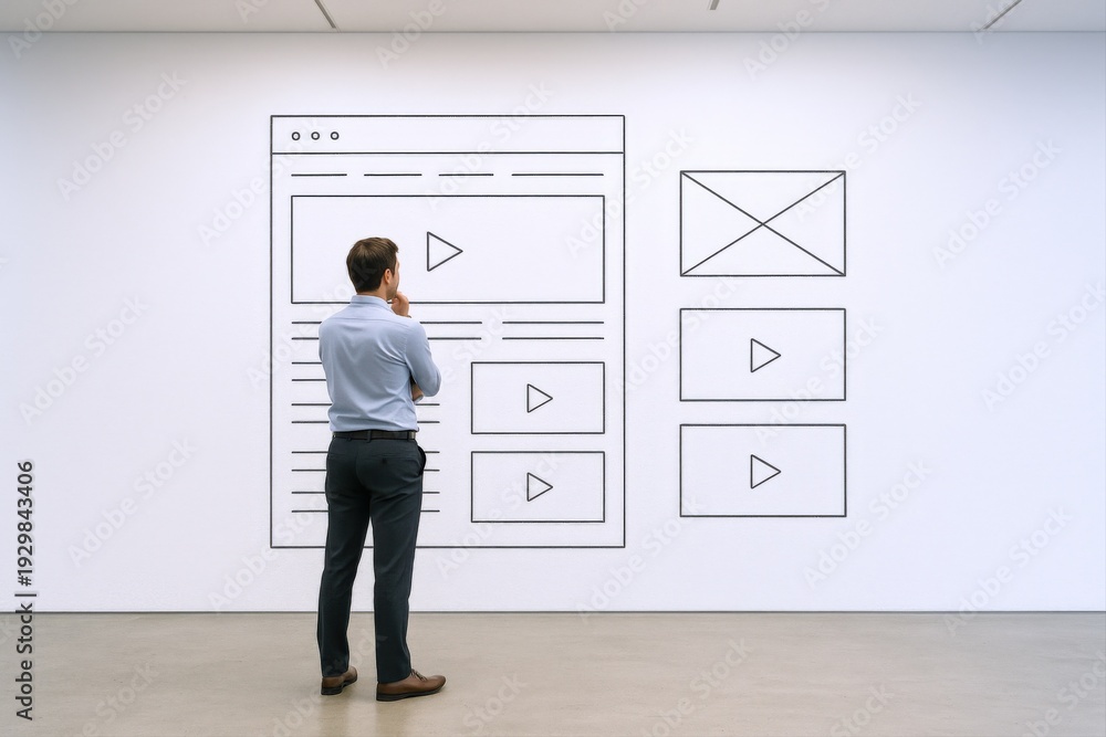 Fototapeta premium Man Contemplating Website Wireframe on Wall: Web Design, UI/UX Development, and Digital Strategy Visualization