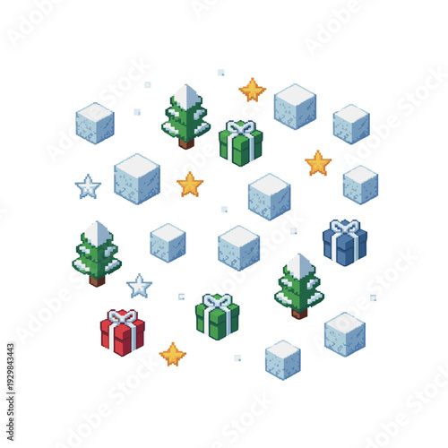 Pixel art winter background featuring snow blocks, covered pine trees, wrapped gifts, and stars on a black night sky