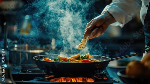 Chef preparing a gourmet dish with fresh ingredients at a fine dining restaurant during a vibrant culinary event.