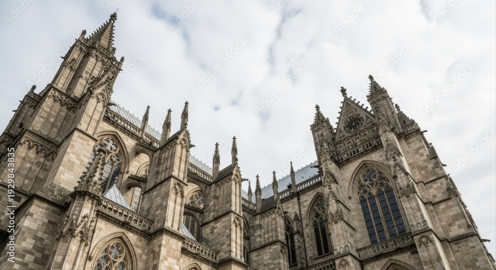 Fototapeta premium Architectural Grandeur: A Low-Angle View of an Imposing Gothic Cathedral Against a Cloudy Sky