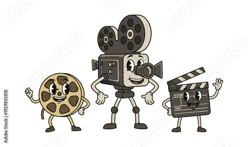 Cartoon characters of a retro film camera, film reel, and clapperboard posing, bringing a nostalgic and playful movie theme