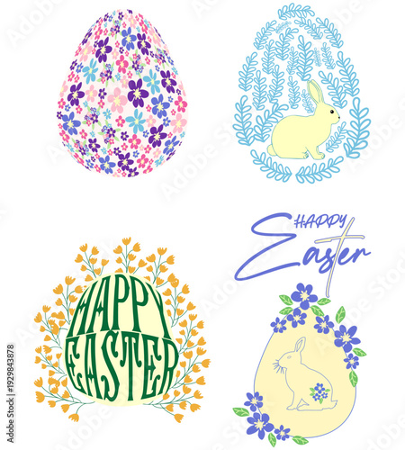 A set of Easter cards with an egg, bunny and flowers. The inscriptions read He is risen, Happy Easter.