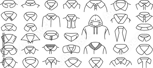 Clothing Collar Collection Line Icons, Various Shirt, Blouse and Hoodie Neckline Styles Outline Set Isolated on White Background for Fashion Design