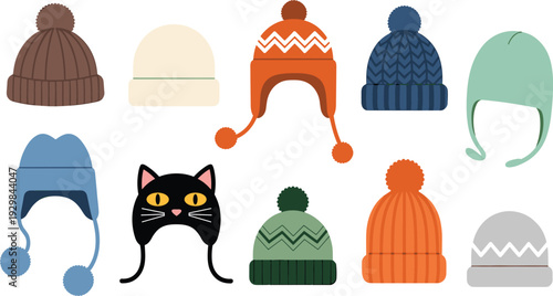 Collection of Colorful Winter Hats and Beanies, Cute Knit Caps with Pom Pom and Ear Flaps Isolated on White Background, Cold Weather Fashion Illustration