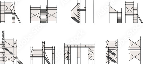 Construction Scaffolding Structure Set with Stairs and Platforms, Technical Line Drawing Illustration of Building Framework Isolated on White Background for Engineering Design