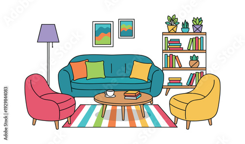 Modern living room interior showing furniture arrangement. Sofa with cushions, two armchairs, lamp, coffee table, and a bookshelf with plants