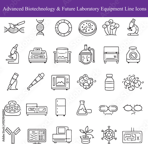 Advanced Biotechnology and Future Laboratory Equipment Line Vector Icons Set