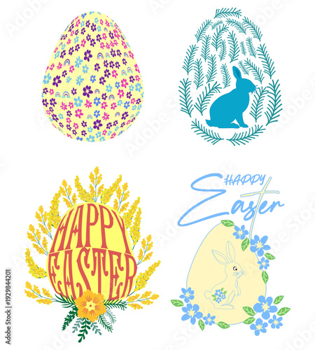 A set of Easter cards with an egg, bunny and flowers. The inscriptions read He is risen, Happy Easter.