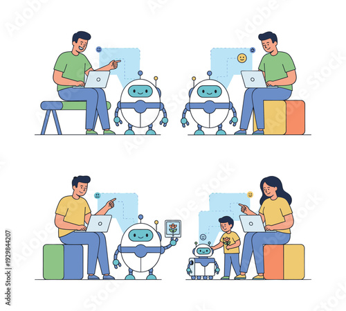Users communicate with friendly AI assistants and robots, showcasing human-robot interaction and future technology trends