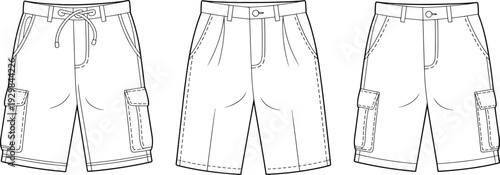 Men Cargo Shorts Technical Drawing Set, Casual Summer Bermuda and Utility Shorts Outline Templates Isolated on White Background for Fashion Design