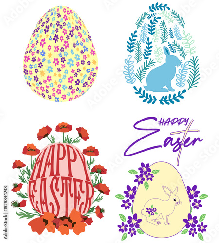A set of Easter cards with an egg, bunny and flowers. The inscriptions read He is risen, Happy Easter.