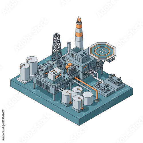 Isometric illustration of an offshore oil rig platform with helipad and storage tanks.