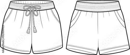 Women Casual Shorts Front and Back View, Drawstring Waist Summer Apparel Technical Fashion Illustration Isolated on White Background Template