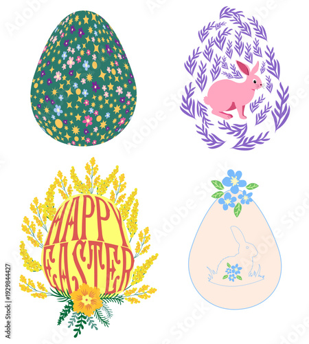 A set of Easter cards with an egg, bunny and flowers. The inscriptions read He is risen, Happy Easter.