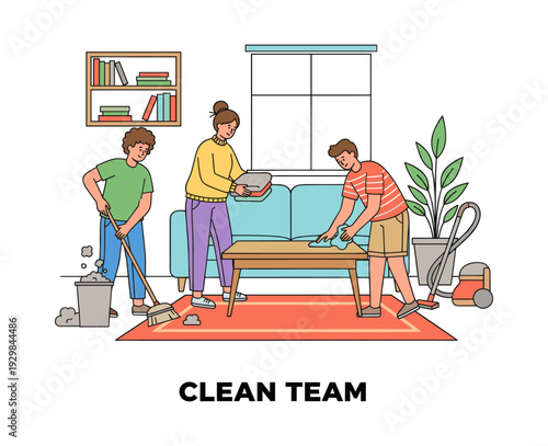 Group of people collaborating and performing various cleaning tasks to maintain a tidy living room and healthy environment