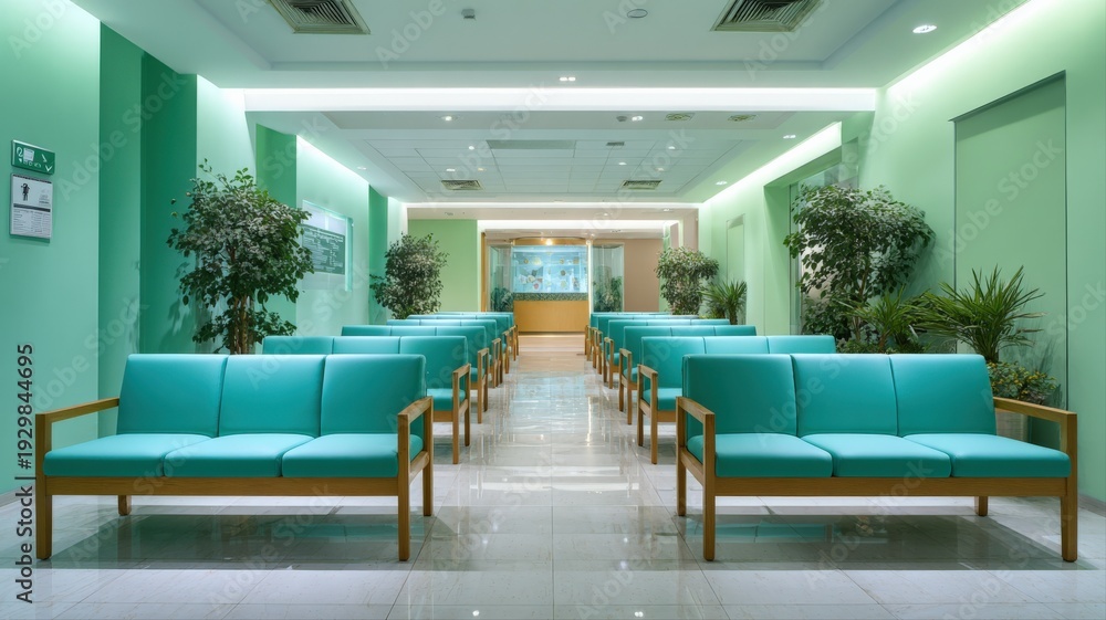 Fototapeta premium Spacious Waiting Area with Comfortable Seating in Calming Green Tones for Healthcare or Corporate Environment