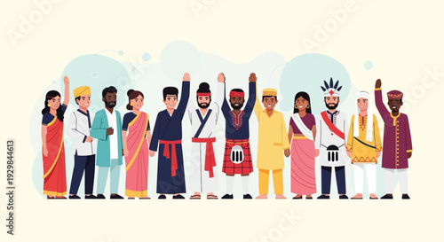 Diverse group of people in traditional attire celebrating cultural unity and harmony together in a vibrant illustration
