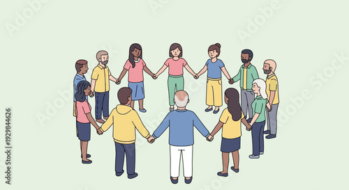 Diverse group of people standing together in unity and holding hands in a circle, illustrating community and togetherness