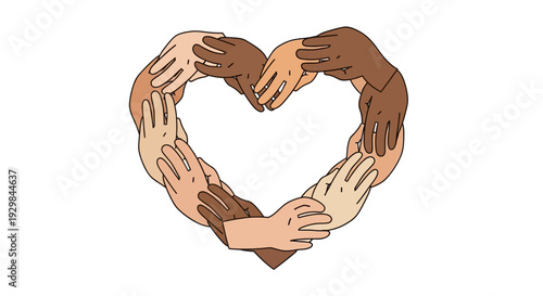 Diverse hands forming a heart shape symbolizing unity and togetherness in a circular illustration