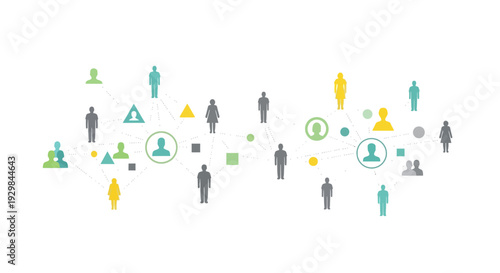 Diverse group of people icons in various colors interacting with each other in a collaborative environment from a top view