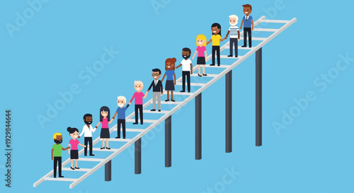 Diverse group of people ascending a staircase together in a modern illustration from a diagonal viewpoint