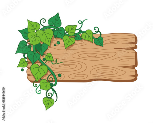 Rustic wooden plank border with lush green ivy vine and leaves, creating an organic frame or garden concept