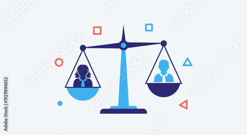 A graphic illustration of a balanced scale with people icons on each side, symbolizing equality and fairness in a simple, modern design.