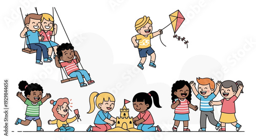 Children playing together outdoors on swings and with kites and toys on a sunny day